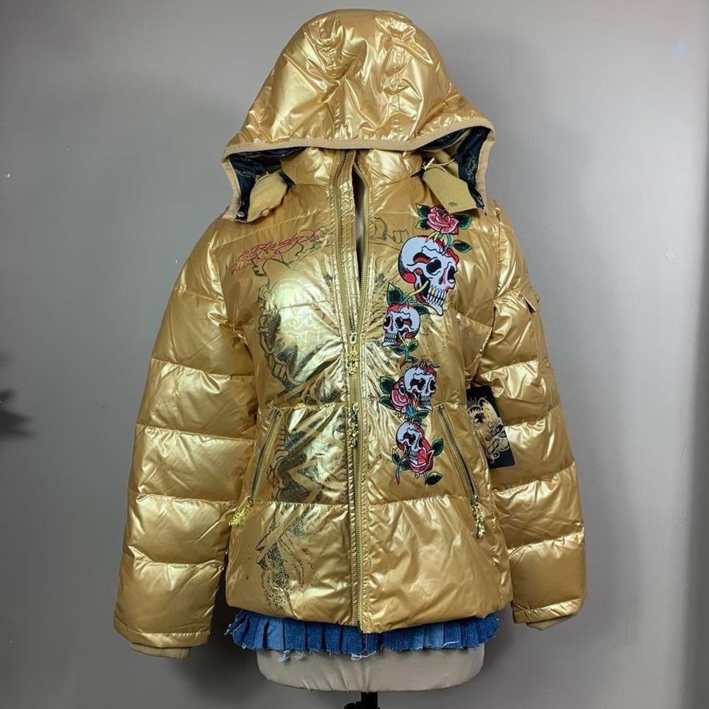Y2K Ed Hardy Gold Puffer Jacket w/ Skull & Rose Embroidery READ SIZING